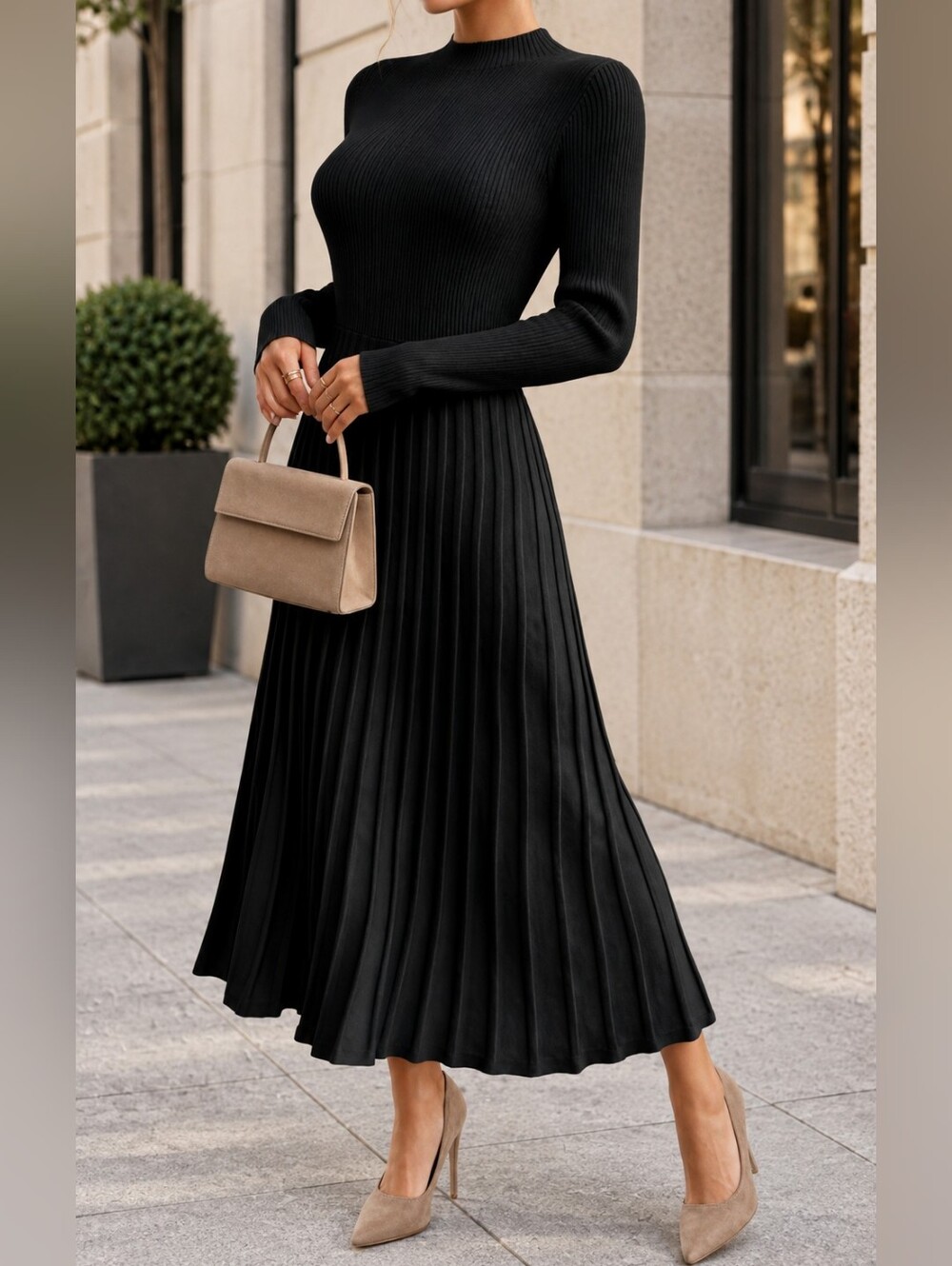 New Ribbed Knit Pleated Long Skirt Flared Dress Sweater Long Sleeve Black